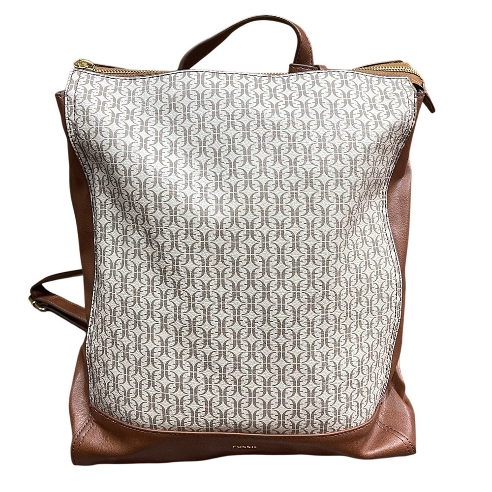 Fossil Elina Large Convertible Travel‎ Backpack Brown Leather White Bag Handbag